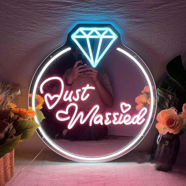 Just Married Diamond Ring Mirror Neon Sign for Wall Decor,Personalized Shower Led Light Flower Backdrop Decor,Cute Just Married Neon Signs Gift Engagement Birthday Wedding Party,SIGNVIA,Size:55cm