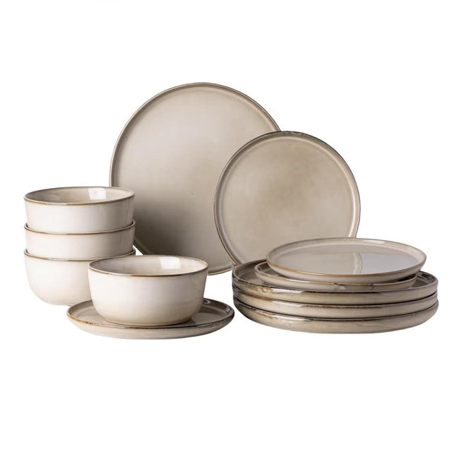 GBHOME Ceramic Dinnerware Sets for 6, 18 Pieces Stoneware Plates and Bowls Sets, Scratch Resistant Dishes, Dishwasher & Microwave Safe, Reactive Glaze-Cappuccino