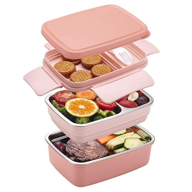 Freshmage Stainless Steel Bento Box for Adults & Kids, Leakproof Stackable Large Capacity Dishwasher Safe Lunch Container with Divided Compartments, Pink