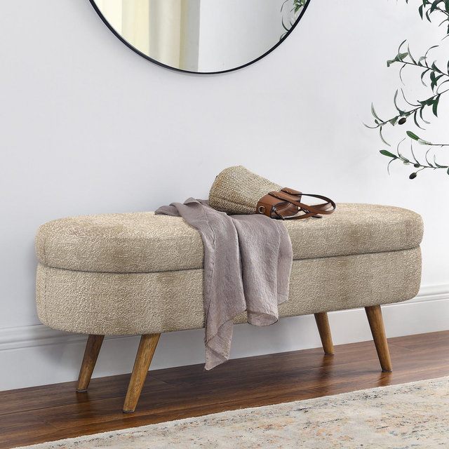 Oval Storage Bench with Rubberwood Legs, Modern Tufted Ottoman, Brown - ModernLuxe