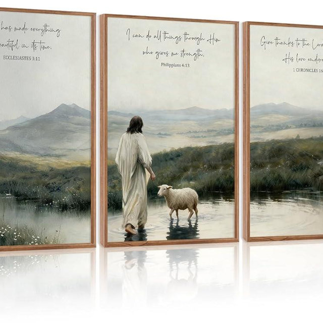 IARTTOP Framed Christian Bible Verses Wall Art Jesus with Lamb Wall Decor Religious Scripture Landscape Art Print Jesus Canvas Poster for Living Room Bedroom Christian Church Decor-24 x36 x3
