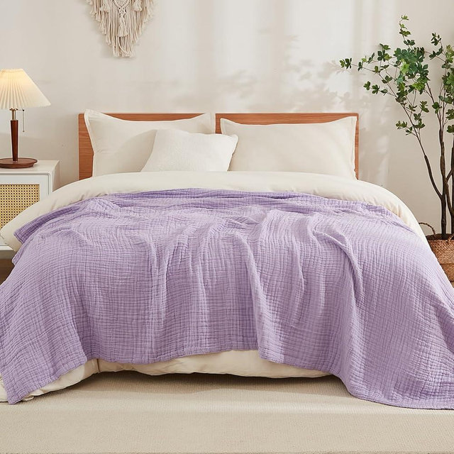 EMME Cotton Blanket King Size for Bed Soft Muslin Blankets 108"x90" Lightweight Breathable Layering Blanket Bedspread Coverlet All Season Gauze Blanket, Lavender