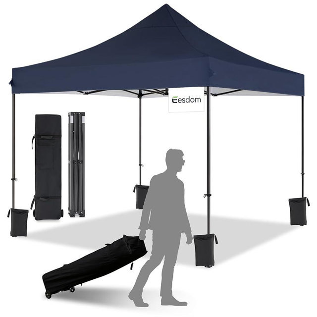 Eesdom 10in x10in Canopy Tent with Wheeled Bag, Commercial Portable Pop Up Tent, Easy Set Up, 4 Stakes & 4Sandbags & 4 Ropes, Waterproof Outdoor Shelter for Market, Parties, Navy Blue