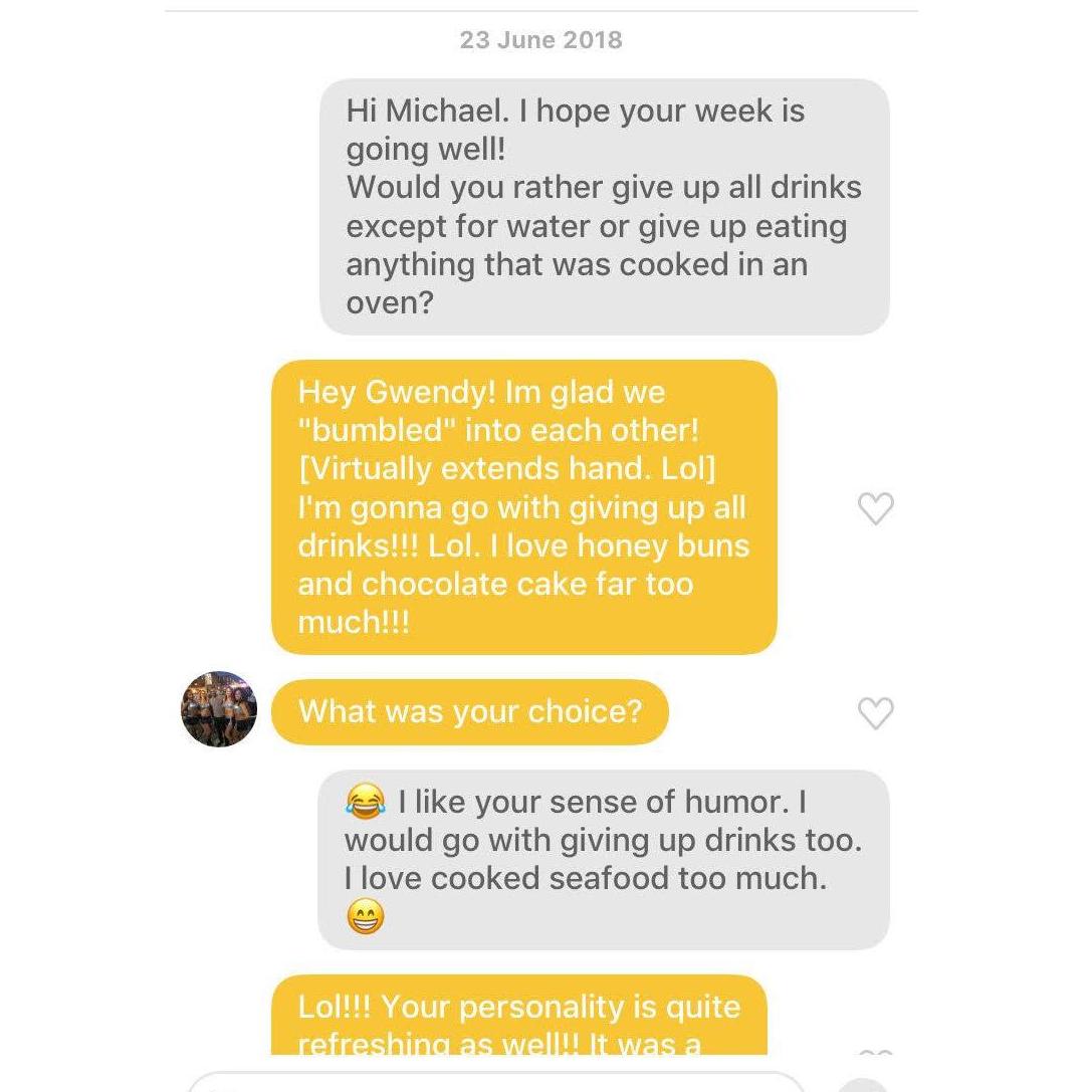 First messages shared in the Bumble app after we matched.