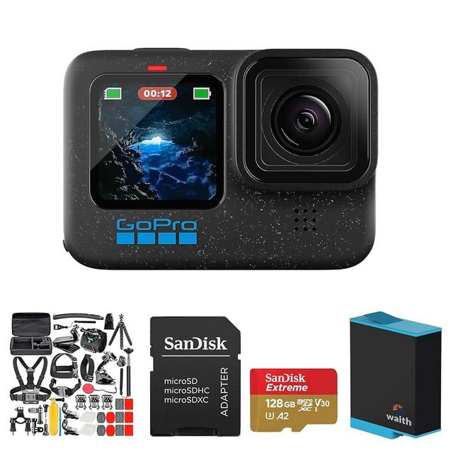 GoPro HERO12 (Hero 12) Waterproof 27MP Action Camera with 50 in 1 Action Camera Accessory Kit, 128GB Micro SD Card and Rechargeable Battery Bundle (Black)