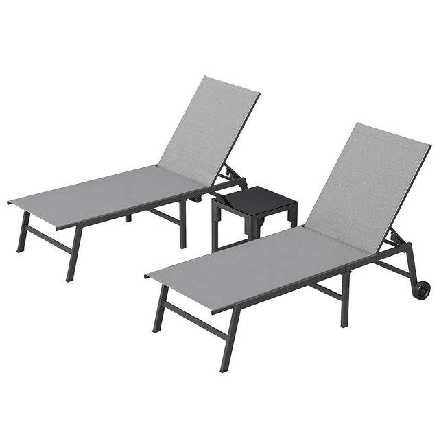 UDPATIO 3 PCS Patio Lounge Chair with Wheels Outdoor Chaise Lounge with Side Table 5 Adjustable Position Recliner for Patio, Beach, Yard, Pool