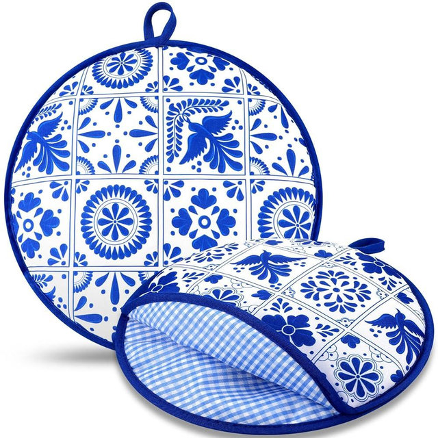 Honeydak 2 Pcs 12 Inch Tortilla Warmer Pouch, Mexican Talavera Pattern Microwavable Insulated Cloth Pouch for Tortillas, Tacos, Naan, and Pizza Rolls
