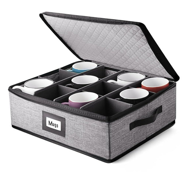 Coffee Mug Storage – Quilted and Stackable Coffee Cup Storage Organizer for Service of 12, Mug Storage Box with Dividers, Mug China Storage Containers Hard Shell for Moving and Seasonal Storage