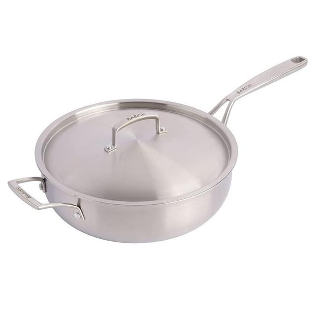 Babish Tri-Ply Stainless Steel Saute Pan w/Lid Cookware, 5-Quart, Silver