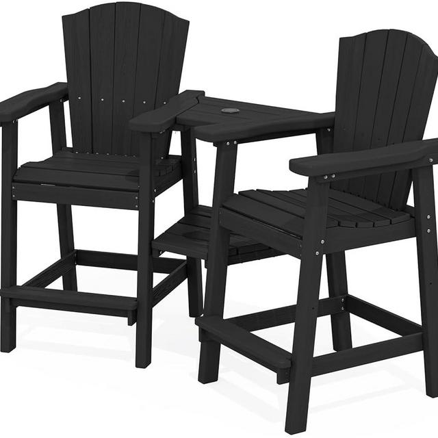 KINGYES Tall Adirondack Chair Set of 2, HDPE Tall Adirondack Barstools with Double Connecting Trays, Embossed Bar Height Adirondack Chair for 2, All Weather Resistant Balcony Adirondack Chairs, Black