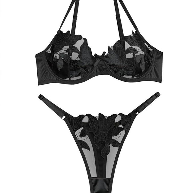 Lilosy Sexy Satin Mesh Floral Sheer Embroidered Underwire Lingerie Set 2 Piece Women
