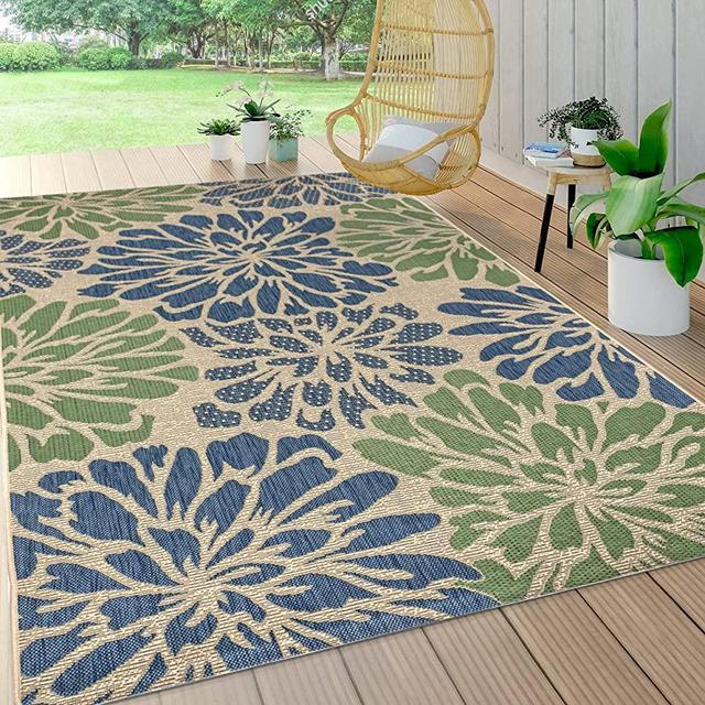 JONATHAN Y SMB110B-5 Zinnia Modern Floral Textured Weave Indoor Outdoor Area-Rug Bohemian Coastal Easy-Cleaning Bedroom Kitchen Backyard Patio Non Shedding, 5 X 8, Navy/Green