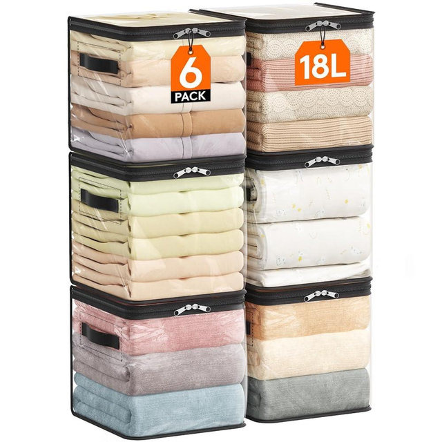 Lifewit 6 Pack Clear Clothes Storage Bags, 11 Inch Clear Cube Storage Bins, 18L Vinyl Foldable Moving Bags with Zipper, Storage Container for Sweater Sheets Yarns