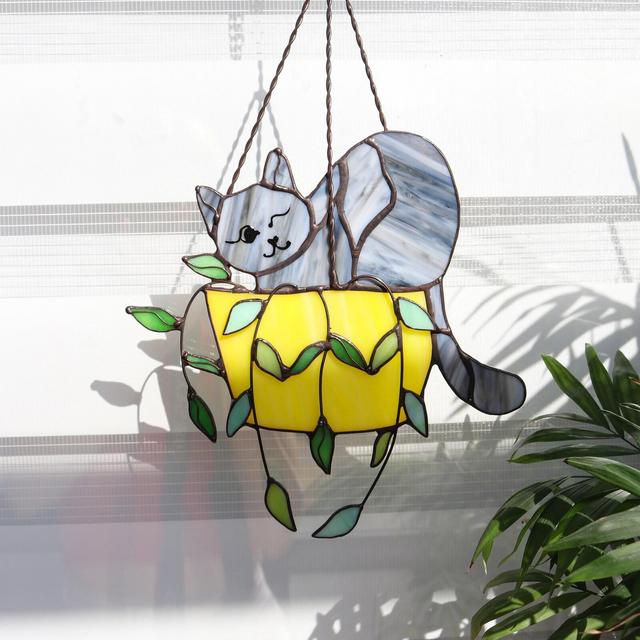 Cat in a flowerpot Suncatcher Stained Glass Window Hangins Glass Wall Decor Cat Art gift Custom Cat Gift idea for cat lover