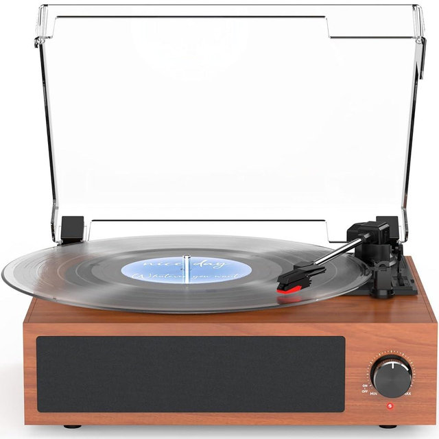 Vintage Record Player with Built-in Stereo Speakers Turntable Vinyls Records LP Phonograph Belt Drive 3 Speed 3 Size Support Wireless Input RCA Output Auto Stop Retro Wooden Walnut Red