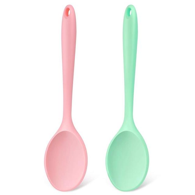 Armrouns Silicone Mixing Spoons 2-Pack, 10.8" Large High Heat Resistant Nonstick Cooking spoon for Stirring, Mixing and Serving, Green & Pink Rubber Spoon.