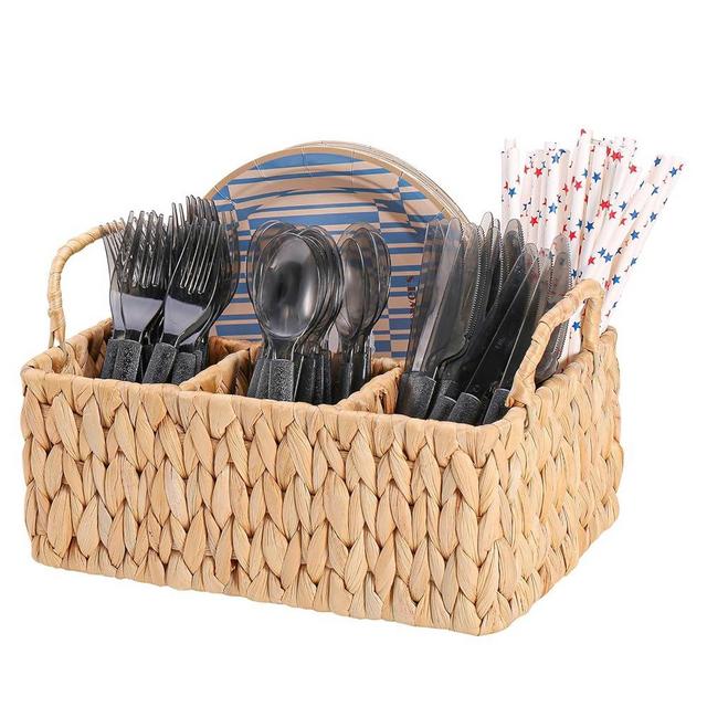 Niuirt Wicker Party Silverware Caddy, Water Hyacinth Plastic Cutlery Utensil Holder, Hand Woven with Handles, Kitchen Countertop and Picnic flatware Organizer (4 compartments)