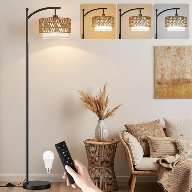 Ambimall Arc Floor Lamp for Living Room with Remote, Boho Standing Lamp with Rattan & Linen Shades, Color Temperature & Dimmable Bulb, Farmhouse Tall lamp for Bedroom, Office(Black)