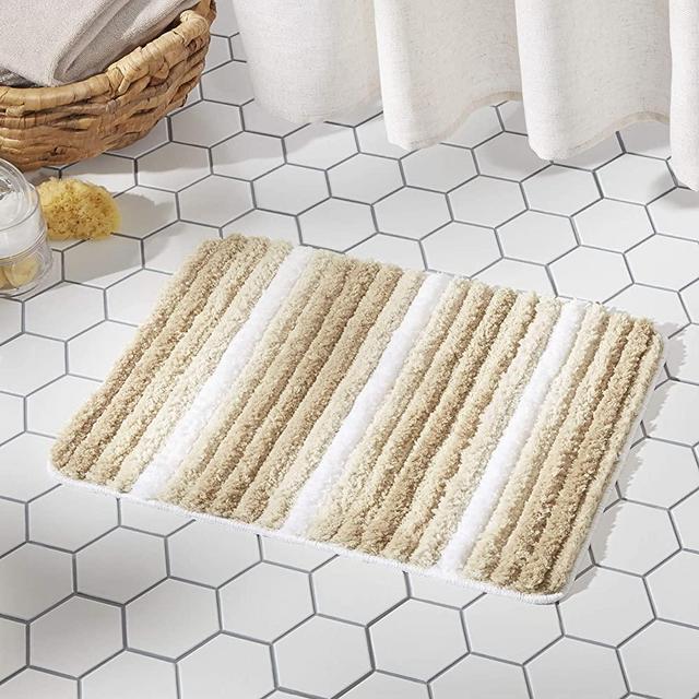 SoHome Striped Bathroom Rug Mat, Super Soft Extra Absorbent Shag Bath Mat Rug, Perfect Plush Carpet Mat for Shower and Bathroom, Machine Washable, Non Slip, 20”x32” Beige