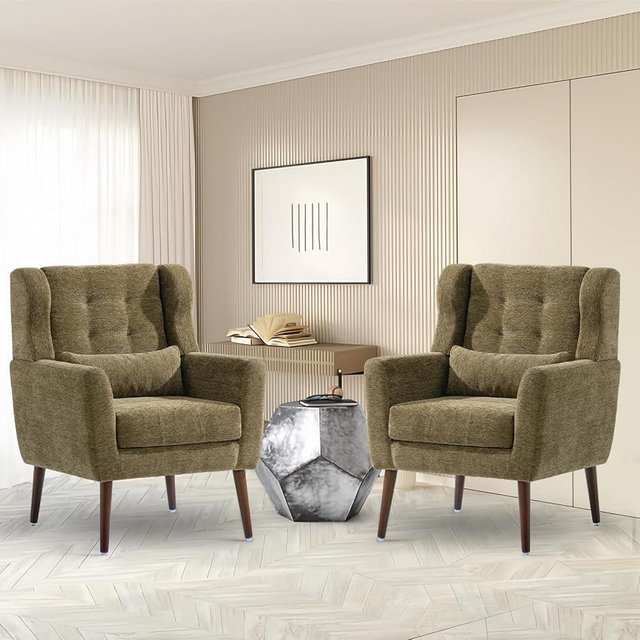 cinkehome Accent Chairs Set of 2 for Living Room, Chenille Upholstered Mordern Armchair, Comfy Soft Lounge Reading Arm Chair in Small Space, Bedroom, Pillow, Solid Wood Leg, Olive Green