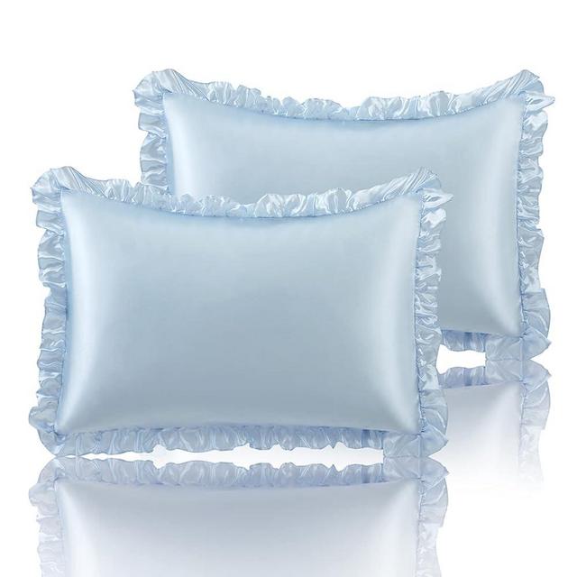 SiinvdaBZX Ruffled King Satin Pillowcase Set of 2, Baby Blue Silky Satin Pillow Cases for Women Ruffle Pillow Shams Covers Princess Room Decoration, with Envelope Closure