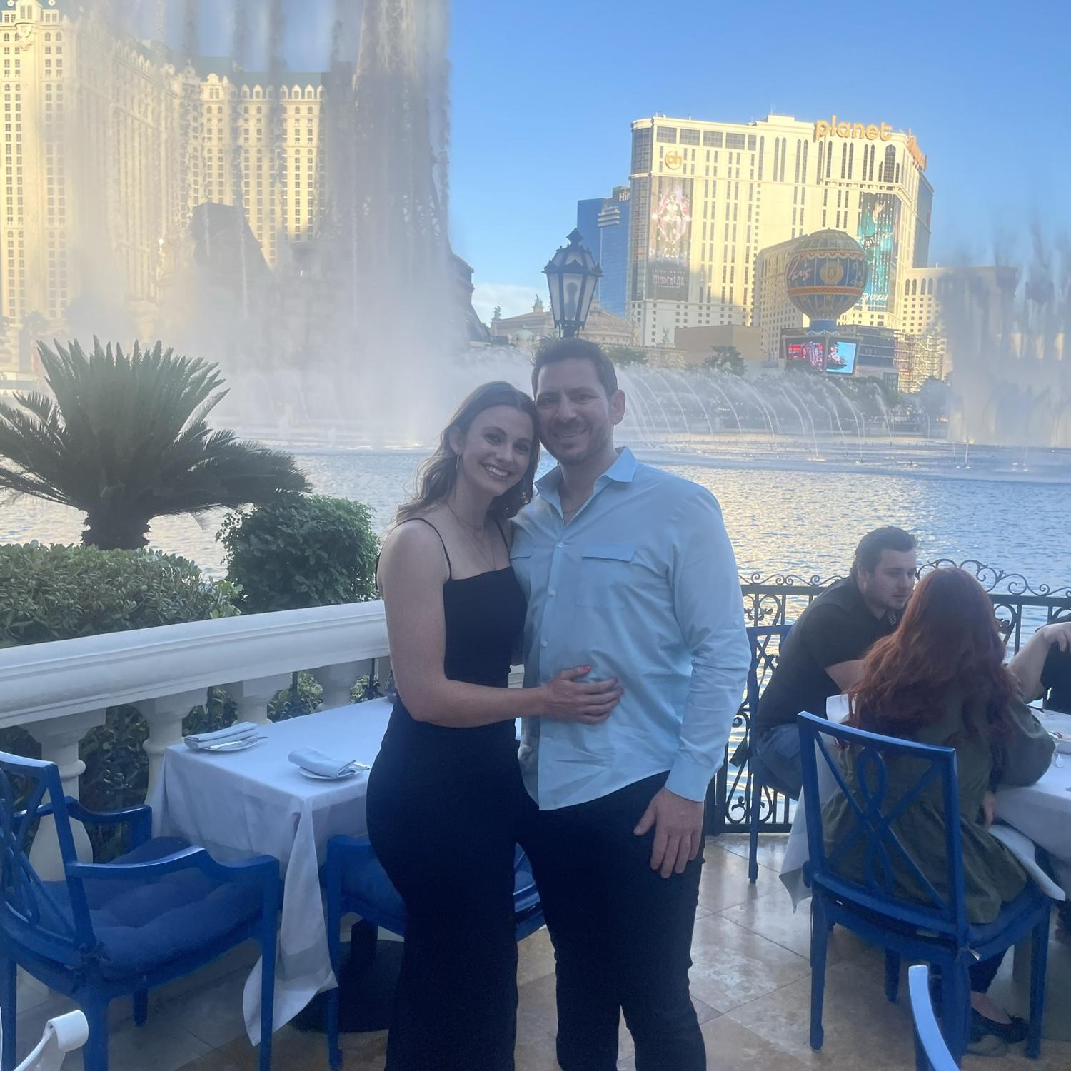 Michael's birthday dinner by the fountains at the Bellagio
