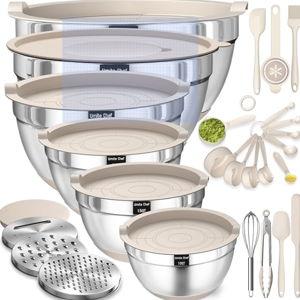 Mixing Bowls with Airtight Lids Set, 26PCS Stainless Steel Khaki Bowls with Grater Attachments, Non-Slip Bottoms & Kitchen Gadgets Set, Size 7, 4, 2.5, 2.0,1.5, 1QT, Great for Mixing & Serving