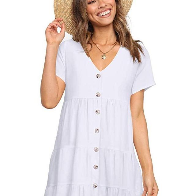 Amoretu Women V Neck Button Down Swing Short Sleeve Summer Dress
