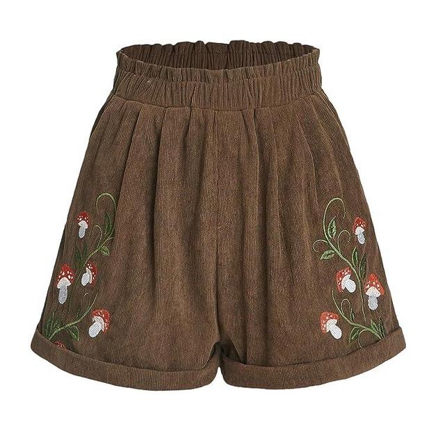 Cozyease Women's Plants Embroidery Corduroy Shorts Paperbag Waist Elastic Waist Straight Leg Casual Shorts