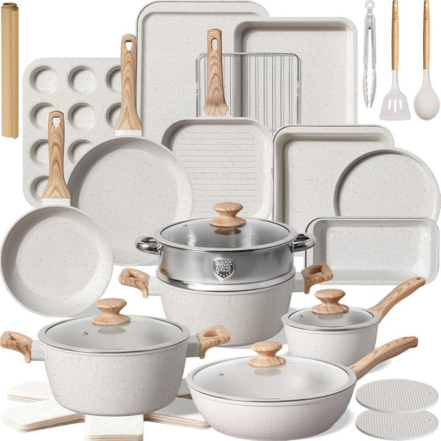 Kikcoin Pots and Pans Set Non Stick 31 Piece Kitchen Nonstick Cooking Cookware Sets with Grill Pan Saucepan Baking Sheet Utensil, Cream White