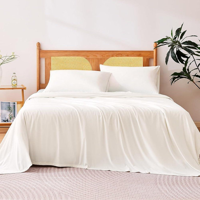 Amazon Basics Cooling Sheets, 4 Piece 100% Recycled Polyester Bed Sheet Set for Hot Sleepers, Breathable, 15-Inch Deep Pocket, Queen, White