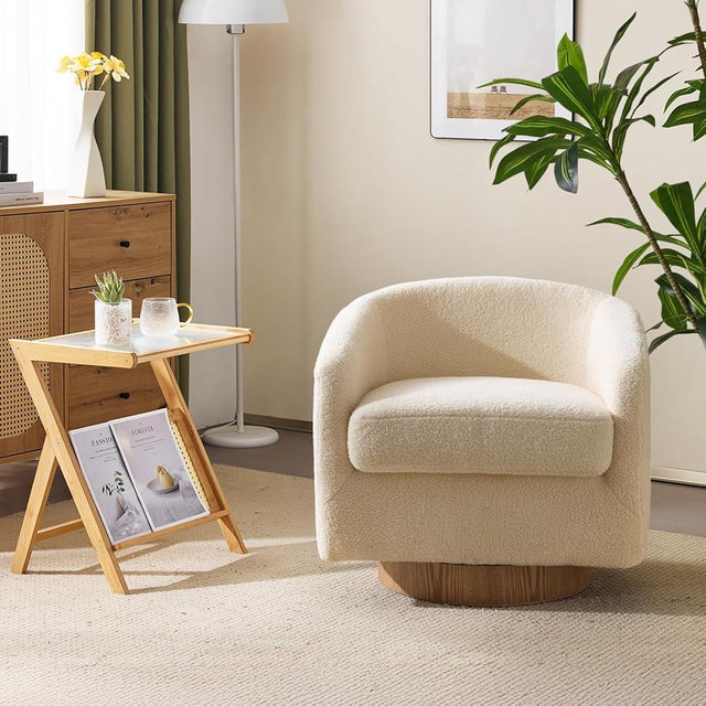 VINGLI 360°Swivel Khaki Teddy Fleece Accent Chair with Engineered Wood Base and Removable Cushion for Living Room,Bedroom, Curved Back Barrel Chair for Small Space，Upholstered Bucket Armchair