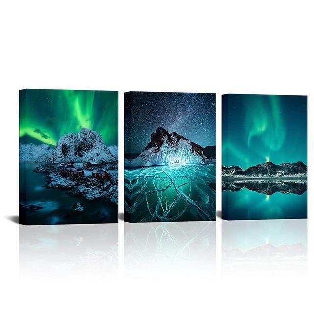 LoveHouse Northern Lights Living Room Decorations 3 Panel Canvas Wall Art Paintings for Bedroom Office Aurora Polaris Nature Landscape Pictures Framed Ready to Hang 12"x16"x3 Panel