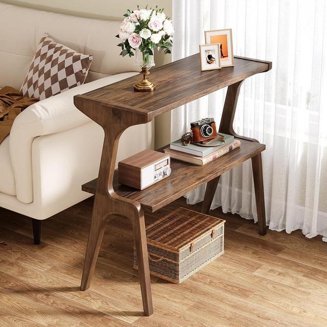 Tribesigns Narrow End Table for Living Room, 2-Tier Slim Sofa Side Table with Solid Wood Legs, Farmhouse Tall End Table with Storage Shelf, Modern Skinny Long Bedside Table for Bedroom, Rustic Brown