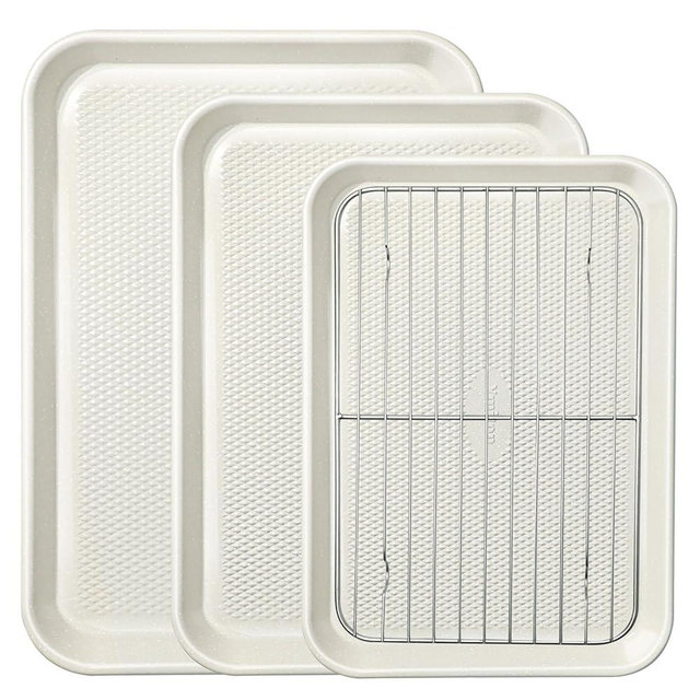 Ymiton Nonstick Baking Sheet Sets with Rack (3 Pans + 1 Rack), 0.8 mm Thicker Carbon Steel Quarter/Jelly Roll/Half Sheet Pan, Easy Clean, Prevent Warping, Dishwasher Safe, Oven Safe 450°F