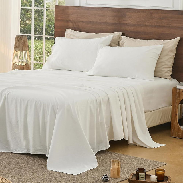 Bedlifes 100% French Pure Linen Sheets Queen Size Breathable and Cooling Flax Sheet Set Soft Durable and Moisture Wicking 16 Inch Deep Pocket-4 Piece(Queen,White)