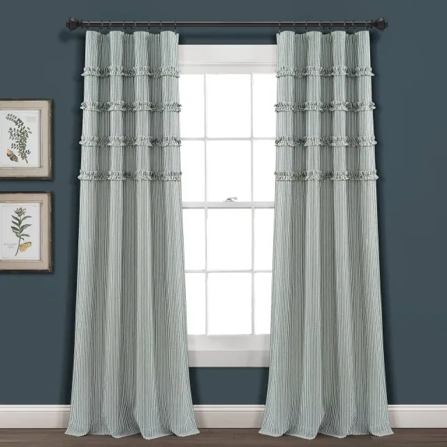 Set of 2 84"x40" Farmhouse Vintage Stripe Yarn Dyed Cotton Light Filtering Window Curtain Panels Denim Blue/White - Lush Décor