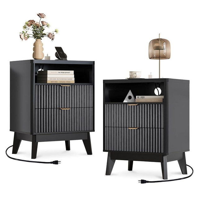 Fluted Nightstand Set of 2 with Charging Station, 19.7 inch Wide End Table with 2 Drawers, Modern Wood Bedside Table for Bedroom, Black