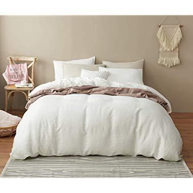 DAPU Pure Linen Duvet Cover Stone Washed European Flax（King, Off White, Duvet Cover and 2 Pillowcases）