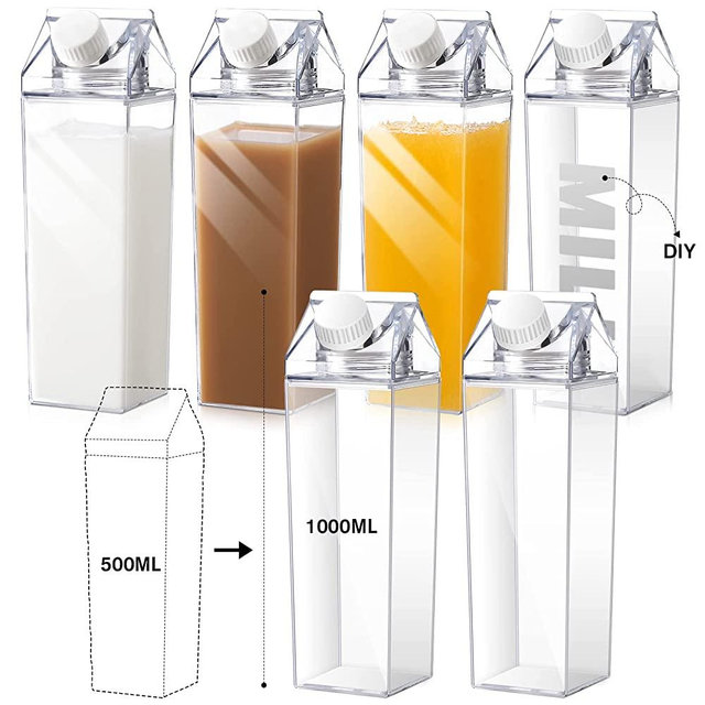 6 Packs Clear Milk Carton Water Bottle 1000 ml/ 34 Oz Portable Milk Container Reusable Cute Plastic Milk Bottles for Juice Tea Jug Travel Camping Climbing Tour Sports Outdoor Activities Drinking