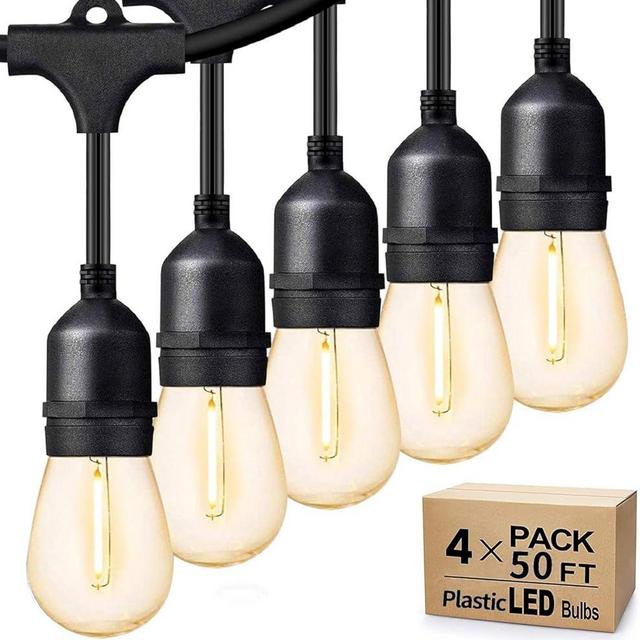 Svater Outdoor String Lights 200 FT, E26 Socket, 64pc S14 Shatterpoof Bulbs, 1 Watt Dimmable 2700K Warm White, IP65 Waterproof Commercial Grade Patio Light (4 Pack X 50FT)