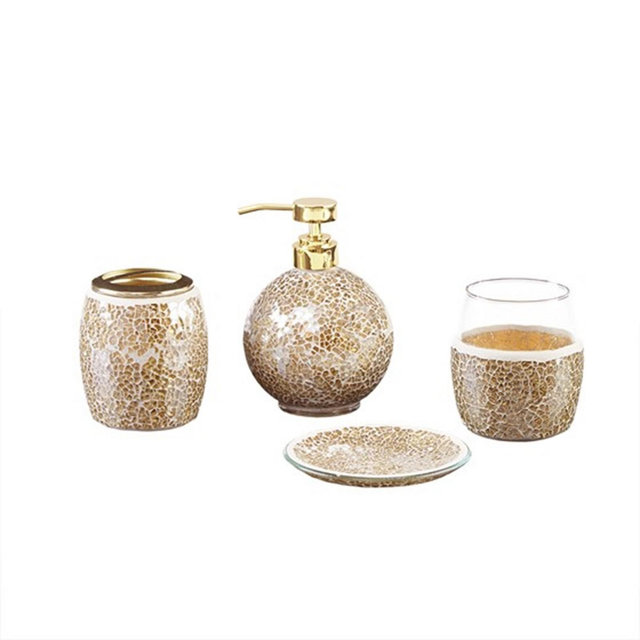LIVN CO. 4-Piece Crackle Glass Bathroom Accessory Set, Gold