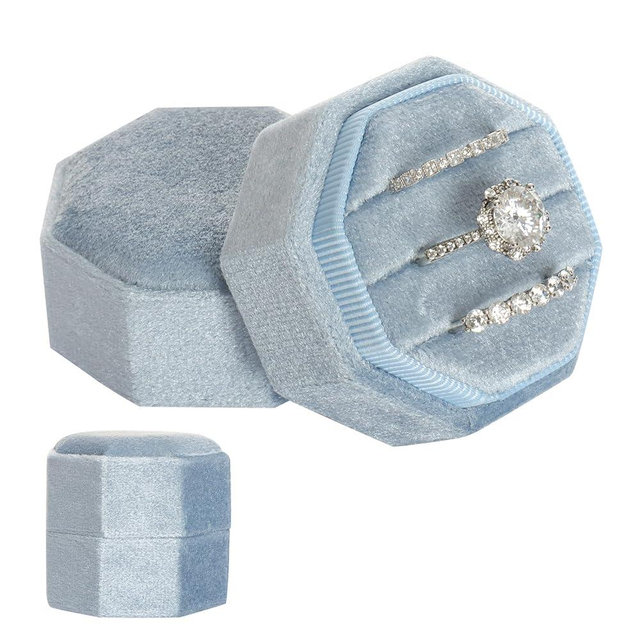 Gvhntk Velvet 3 Slots Jewelry Ring Box Vintage Octagon Ring Display Holder Gift Premium Gorgeous Case with Detachable Lid for Wedding Engagement Proposal Keepsake Ceremony (Blue)
