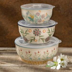 Euro Ceramica Ella 3 Piece Nesting Storage Bowls Set with Lids Assorted Multicolor Asian Floral Design, 82Fl oz