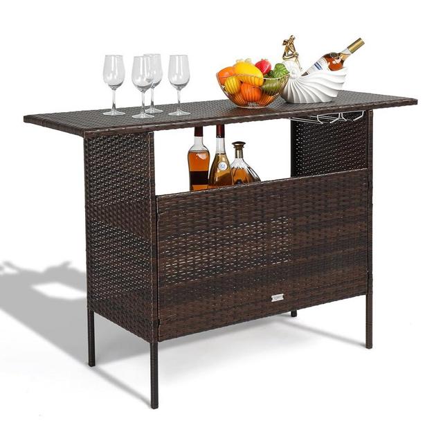 VINGLI Wicker Outdoor Bar Table with 2 Steel Shelves, 2 Sets of Rails, Patio Bar Table Outdoor Table with Storage for Backyard, Poolside, Garden