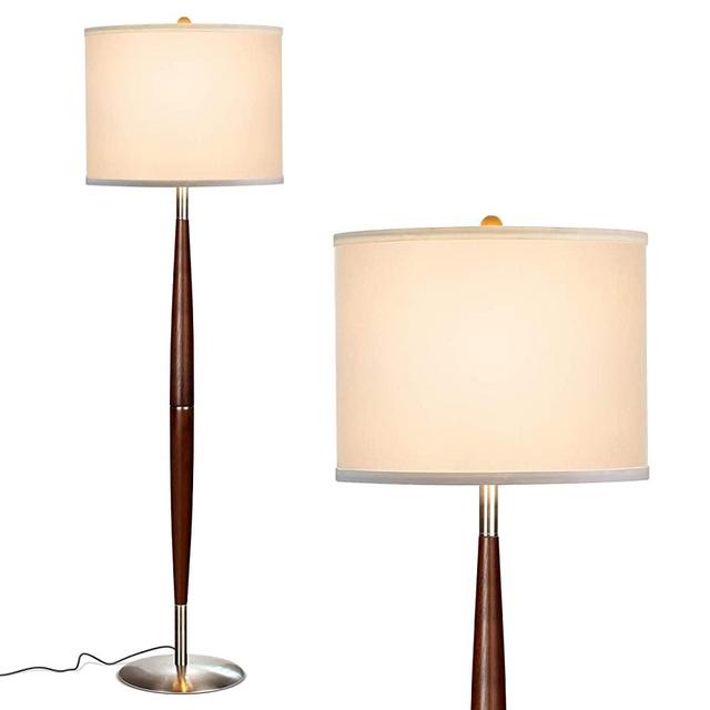 Brightech Lucas - Mid Century Modern Floor Lamp for Bedroom Reading - Brighten Living Room Corners with A Free Standing Light - Tall Office Lighting with Drum Shade & Handsome Wood Finish