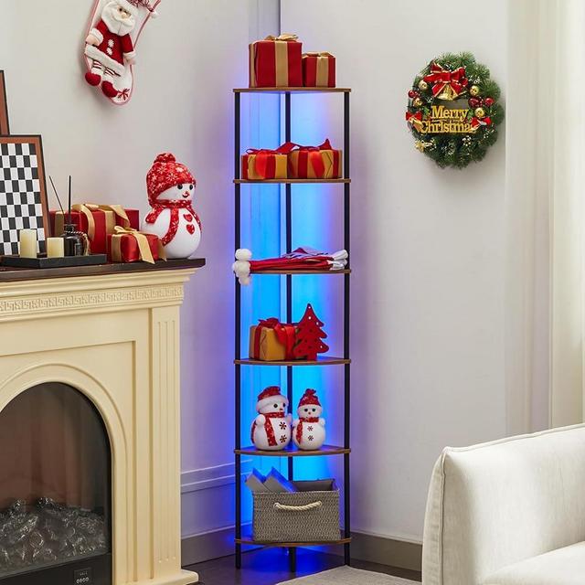 Corner Shelf with LED Light,Tall Corner Shelf,Rustic Industrial Corner Bookshelf, Storage Standing Shelf Unit, Plant Stand, Corner Table for Small Spaces in Living Room,Bedroom,Home Office (6 Tier)
