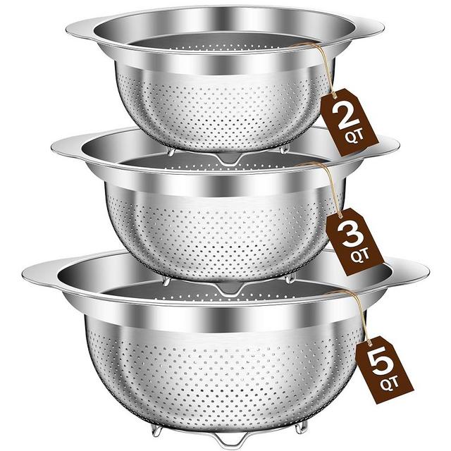 Stainless Steel Colander for Kitchen, Stainless Steel Strainer, Pasta Strainer for Spaghetti Fruits Vegetables Cooking Food, 3 Pcs Strainers and Colanders(2QT, 3QT, 5QT), Dishwasher Safe, Silver