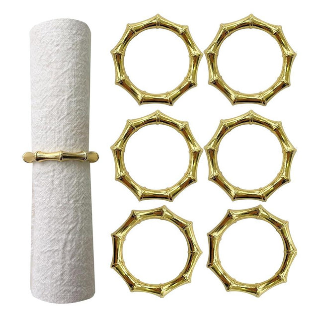 Gold Napkin Rings Set of 6 Bamboo Napkin Rings Metal Napkin Ring Holder for Table Decoration, Dinner Party, Wedding