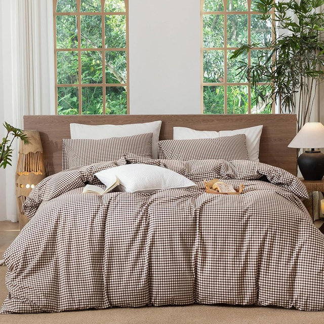 MooMee Gingham Duvet Cover Set 100% Washed Cotton Linen Like Textured Breathable Durable Soft Comfy Modern Checkered Design (Mini Gingham Cocoa Brown, King 104"x90")
